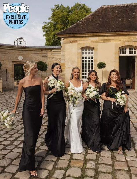 Mismatched Black Bridesmaids, Black Silk Bridesmaid Dress Wedding, Black Moh Dress, Black Bridesmaid Dress Aesthetic, Black Bridesmaid Dresses Photos, Bridesmaid Dresses Group, Black Satin Bridal Party, Mix Matched Black Bridesmaid Dresses, Mix Match Bridesmaid Dresses Black