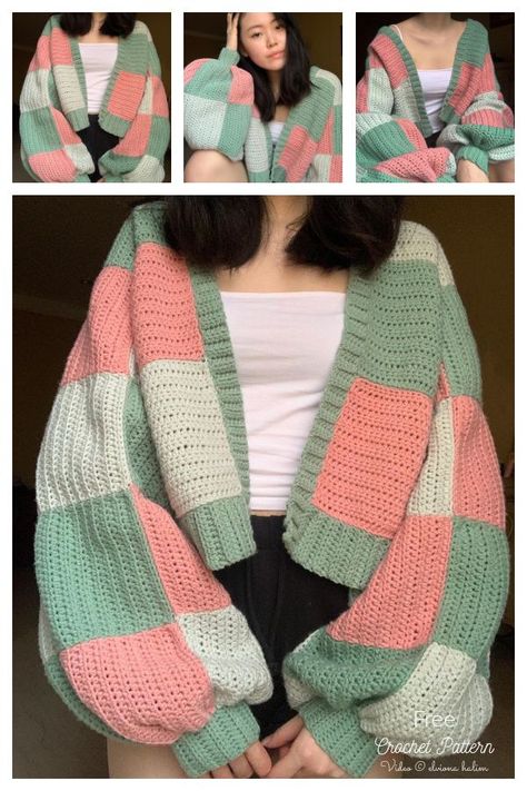 Cute Cardigans Crochet, Patchwork Cardigan Color Ideas, Crochet Block Cardigan, Crochet Pattern For Sweater, Crochet Square Sweater Pattern, Knitting Inspiration Sweaters & Cardigans, Patchwork Crochet Sweater Layout, How To Crochet Cardigan, Patch Crochet Cardigan