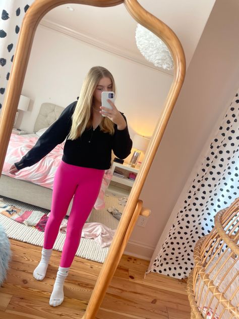 Jacket-Lulu, Leggings-lulu, socks-nike, Colored Lululemon Leggings Outfit, Pink Lulu Leggings Outfit, What To Wear With Pink Leggings, Hot Pink Leggings Outfit, Lulu Lemon Leggings Outfit, Lulu Lemon Outfits, Pink Leggings Outfit, Pink Lululemon Leggings, Leggings Lulu