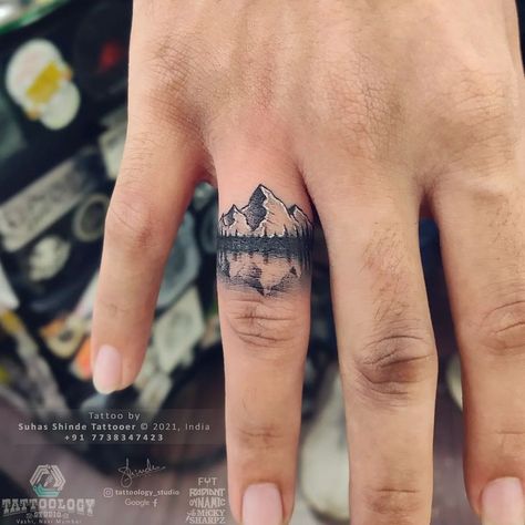 Outdoor Finger Tattoo, Nature Finger Tattoos For Women, Animal Hand Tattoos For Guys, Finger Mountain Tattoo, Hiking Boot Tattoo, Mountain Ring Tattoo, Nature Hand Tattoo, Earthly Tattoos, Nature Tattoos Men