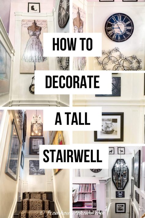 how to decorate a tall stairwell Open Stairway Decor, Artwork For Stairwell, Decorate Large Staircase Wall, Apartment Staircase Entrance, Stairwell Family Photos, Stairwell Art Installation, Above Stairwell Decor, End Of Staircase Decor, Split Staircase Ideas Decoration