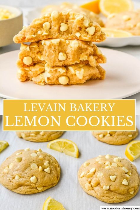 Levain Bakery Lemon Cookies Lemon Chips, Levain Cookie Recipe, Levain Cookies, Lemon Crinkle Cookies, Lemon Cookies Recipes, Levain Bakery, Lemon Sugar Cookies, Spring Cookies, Gourmet Cookies