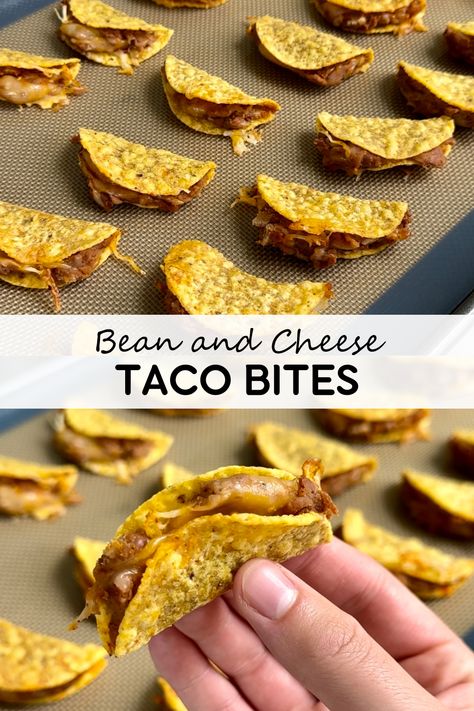 Tortilla chips get filled with creamy refried beans, shredded cheese, and taco seasoning, then baked and folded into taco bites for the perfect bite-sized appetizer or snack! Bean And Cheese Taco Bites, Appetizer Recipes With Tortillas, Diy Mini Tacos, Tortilla Chip Mini Tacos, Tostitos Taco Bites, Dinner With Tortilla Chips, Appetizers With Tortillas, Snacks To Go With Pizza, Homemade Mini Tacos