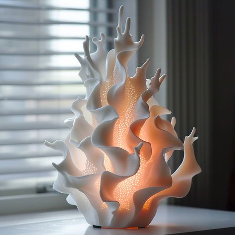 Introducing the “Coral Breeze” lamp: Inspired by the delicate beauty of coral formations, this lamp features a base mimicking the texture and hues of underwater reefs, adding a touch of coastal charm to any space. Conceptual AI Art Follow @ecosapiens for more! Sea Lamp, Modern Product Design, Product Design Ideas, Coral Texture, 3d Printed Lamp, Coral Lamp, Lamp Inspired, Bionic Design, Drukarka 3d