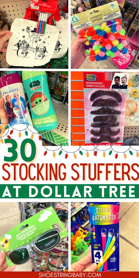 The text of the image says 30 stocking stuffers at Dollar Tree. It includes 6 square pictures of dollar tree items: a snowman tote bag, colorful pompoms, shampoo bottles, stick on mustaches, sunglasses, and glow sticks Class Stocking Stuffers For Kids, Frugal Stocking Stuffers, Stocking Stuffers For Kids Classroom, Kids Christmas Party Ideas For School Stocking Stuffers, Kindergarten Stocking Stuffers, Dollar Tree Stocking Stuffers For Kids, Stocking Stuffers For Preschoolers, Dollar Tree Stocking Stuffers For Men, Class Stocking Stuffer Ideas