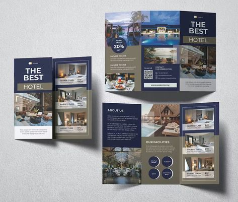 Hotel Trifold Brochure Template InDesign INDD - A4 US Letter Size - 2 Pages Brochure For Hotel, Hotel Pamphlet Design, Hotel Brochure Design Layout, Resort Brochure Design, Hotel Brochure Design, Hotel Marketing Design, Brochure Food, Brochure Examples, Teaching Graphic Design