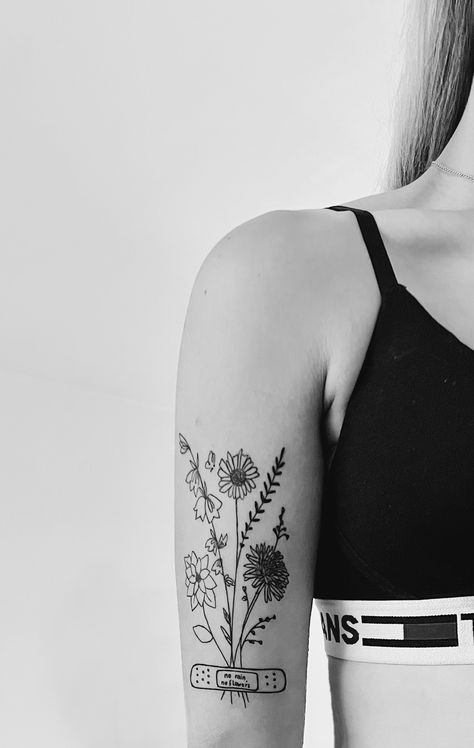 Toxic Flower Tattoo, Flower Veins Tattoo, Bunch Flowers Tattoo, Flower Tattoo On Arm For Women, Healing Flowers Tattoo, Flower Bed Tattoo, No Flowers Without Rain Tattoo, Row Of Flowers Tattoo, Band Aid Flower Tattoo