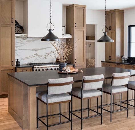 Organic Modern Home With Color, Black And Natural Wood Kitchen, Honed Granite Countertops, Backsplash Stone, Florida Kitchen, Amazing Kitchens, White Oak Kitchen, Honed Granite, Creek House