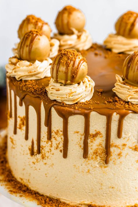 Biscoff Cake moist layers of biscoff cake, filled with biscoff ganache, frosted with biscoff buttercream #biscoff #cookiebutter #cake #layercake Biscoff Ganache, Cookie Butter Frosting, Cookie Butter Cake, Biscoff Truffles, Biscoff Buttercream, Biscoff Recipes, Biscoff Cake, Dijon Chicken, Cake Slices