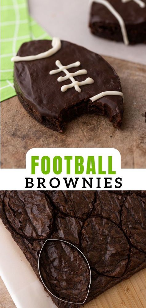 Football Brownies are the perfect themed treats to have at your big game parties this football season! These fun football brownie bites are packed with gooey chocolate chips and topped with vanilla frosting football laces. Skip the chips for your football party this weekend and make these game-day brownies instead! Football Brownies, Football Game Food, Football Themed Food, Football Desserts, Football Treats, Superbowl Desserts, Football Party Foods, Themed Treats, Bowl Party Food