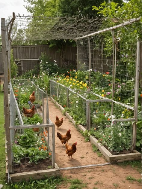 Pallet Fence Chicken Run, Diy Rustic Chicken Coop, Duck Coop Ideas Diy Cheap, Chicken Run Fence, Protect Garden From Chickens, Chicken Farming Ideas, Chicken Run Around Garden, Backyard Aviary, Chicken Coop Ideas Backyard