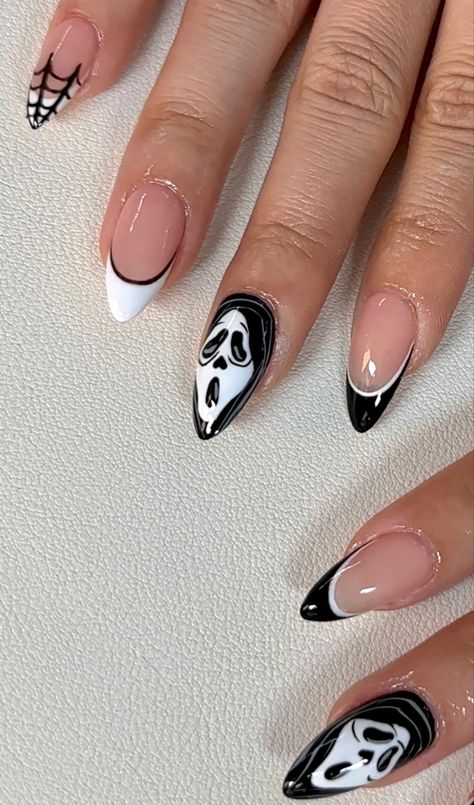 Red Nail Designs Halloween, Halloween Nails Gel Almond, White Nails With Halloween Designs, Ghost Face Almond Nails, Halloween Nails Bones, Ghost Face Nails Almond, Halloween Nails Spider Web French Tip, Pirate Halloween Nails, Simple Ghost Face Nails