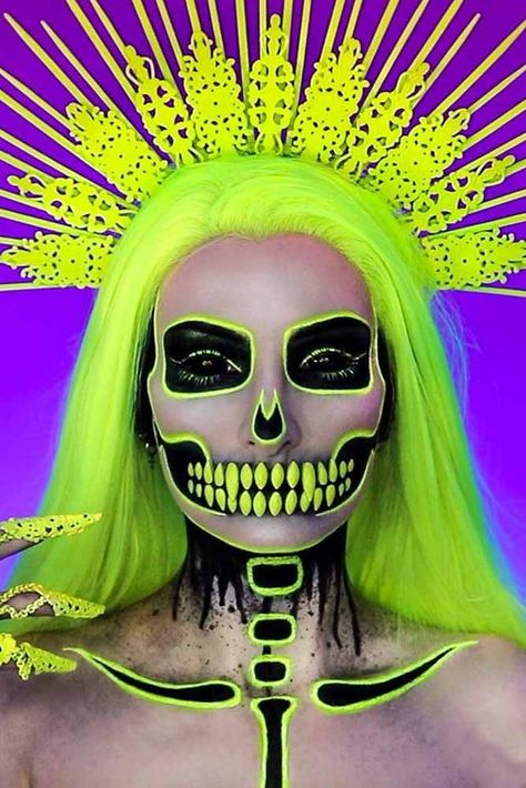 Really Cool Skeleton Makeup Ideas To Wear This Halloween ★ Neon Skeleton Makeup, Cool Skeleton Makeup, Skeleton Makeup Ideas, Skeleton Makeup Tutorial, Neon Skeleton, Cool Skeleton, Skeleton Makeup, Neon Makeup, Halloween Makeup Inspiration