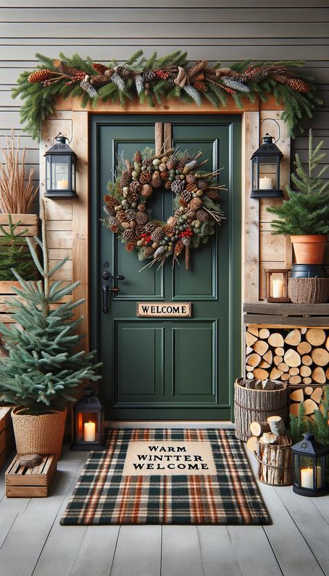 🎨 21 Stunning Door Decorating Ideas to Transform Your Entrance ✨ Front Porch Winter Decor, Small Evergreen Trees, Door Decorating Ideas, Rustic Front Door, Green Front Doors, Christmas Decorations Apartment, Front Door Christmas Decorations, Christmas Apartment, Door Decorating