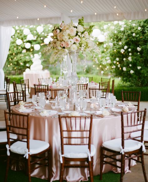 White and blush reception wedding flowers,  wedding decor, wedding flower centerpiece, wedding flower arrangement, add pic source on comment and we will update it. www.myfloweraffair.com can create this beautiful wedding flower look. Blush Tablecloth, Vase Ideas, Pink Tablecloth, Wedding Table Linens, All White Wedding, Inexpensive Wedding Venues, Pink Vase, Blush Pink Weddings, Table Set Up