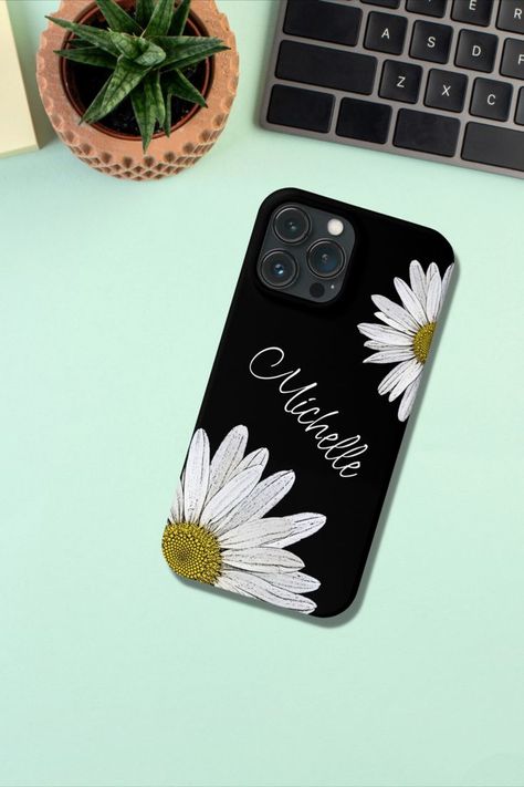 Black Phone Cover Design, Phone Case Diy Paint Black, Phone Cover Painting Black, Black Phone Case Painting, Flower Phone Case Painting, Cell Phone Cases Diy, Sunflower Phone Case Painted, Daisy Phone Case, Phone Case Diy Paint