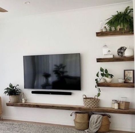 Large Tv Console Bohemian, Shelf Decor Living Room Wall Shelves Tv, Wall Mounted Tv Office, Floating Tv Living Room, Mounted Tv Large Wall, Small Entertainment Center Decor Living Room, Tv Room Floating Shelves, Floating Shelf Tv Wall Living Room, Above Tv Floating Shelves