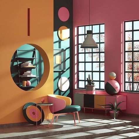 Colorful Garage, Room References, Bauhaus Interior, Apt Decor, Colorful Interior Design, Art Production, Memphis Design, Color Psychology, Post Modern