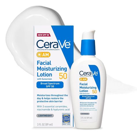 Amazon.com: CeraVe AM Facial Moisturizing Lotion SPF 50 | Face Moisturizer with SPF, Hyaluronic Acid, Niacinamide & Ceramides | Non-Greasy | Blends Seamlessly With No White Cast | Non Comedogenic Sunscreen | 3 Oz : Beauty & Personal Care Daytime Skincare Routine, Cerave Skincare, Zinc Oxide Sunscreen, Facial Lotion, Daily Sunscreen, Style Nails, Moisturizing Lotion, Anti Aging Moisturizer, Moisturizer With Spf