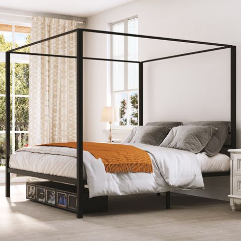 Ebern Designs Kyvin Canopy Bed | Wayfair Canopy Storage Bed, Queen Canopy Bed, Metal Canopy Bed, Canopy Bed Frame, Cama King Size, Four Poster Bed, Voile Curtains, Queen Size Bed Frames, Metal Canopy