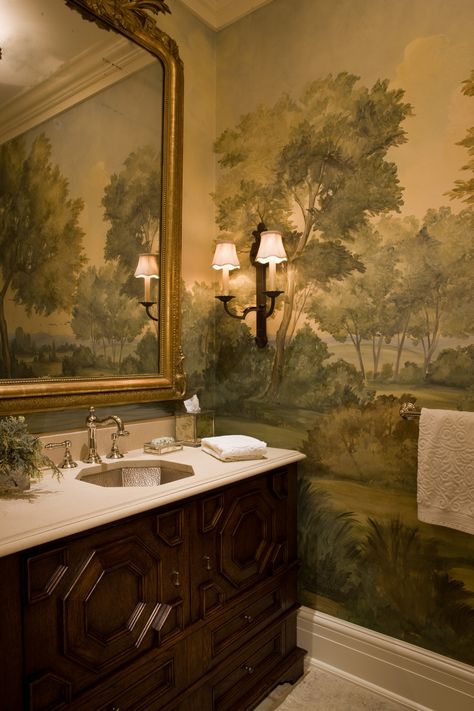 Scenic Mural Wallpaper in Powder Room for SLC Interiors. Inspired by the English countryside, these hand-painted murals are printed on archival-quality canvas, customized and printed for our clients, so each mural is unique and looks hand-painted just for them. Slc Interiors, Bathroom Wallpaper, Dream House Interior, Traditional Bathroom, Home Interiors, Beautiful Bathrooms, Dream House Decor, Dream Home Design, Bathroom Inspiration