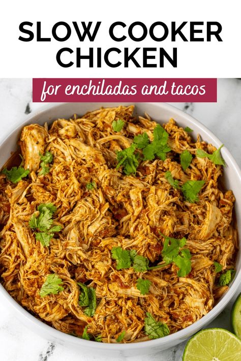 How to cook shredded chicken for tacos, enchiladas, or burritos. I have a recipe for the tastiest slow cooker Mexican shredded chicken. The chicken breast are seasoned with taco seasoning, salsa, lime juice and cilantro (optional). This recipe makes the best and easiest shredded chicken. Chicken For Enchiladas, Cook Shredded Chicken, Shredded Chicken For Tacos, Healthy Shredded Chicken Recipes, Shredded Chicken Breast Recipes, Crockpot Shredded Chicken Tacos, Chicken For Tacos, Crockpot Mexican Chicken, Crockpot Mexican