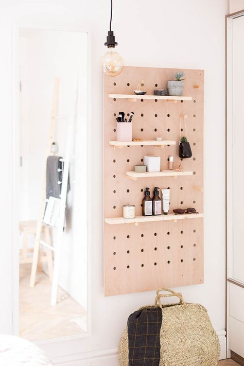 DIY Standing Vanity with Pegboard & Hidden Mirror Storage | Fall For DIY Hidden Mirror, Mirror Storage, Small Bedroom Storage, Standing Vanity, Creative Office, Headboard Wall, Diy Interior, Decor Guide, Décor Diy