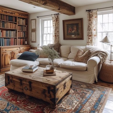 Farmhouse Boho Living Room, Cottage Core Living Room, Cottagecore Living Room, Boho Living Room Ideas, Modern Rustic Living Room, Sandberg Wallpaper, Kusadasi, Cottage Living Rooms, Farmhouse Boho