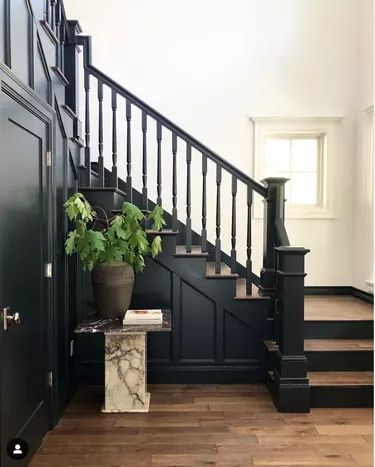 Black Stair Railing Ideas and Inspiration | Hunker Black Painted Stairs, Attic Inspiration, Hygge House, Black Stair Railing, Black Railing, Black Staircase, Painted Staircases, Black Stairs, Colorado House