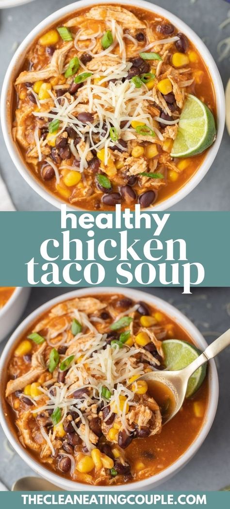 This Easy Chicken Taco Soup Recipe is so delicious! Make it in your instant pot, crock pot or on the stove for a quick, healthy dinner! Made with no cream cheese, this recipe is yummy and so simple to make. Easy Chicken Taco Soup, Easy Chicken Taco, Chicken Taco Soup Recipe, Healthy Chicken Tacos, Chicken Tacos Easy, Taco Soup Recipe, Chicken Taco Soup, Quick Healthy Dinner, Chicken Taco