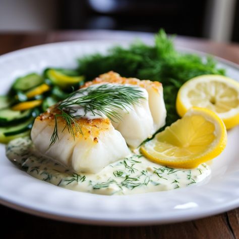 Poached Cod with Lemon Dill Sauce Lemon Dill Fish Recipes, Poached Cod Fish Recipes, Lemon Dill Sauce For Fish, Lemon Dill Cod, Poached Salmon With Dill Sauce, Steamed Cod Fish Recipes, Sauce For Cod, Steamed Fish Recipes Healthy, Poached Cod Recipes