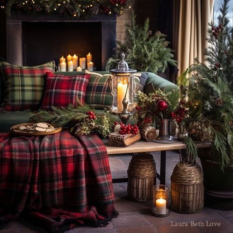 Dishfunctional Designs: Decorating With Christmas Tartans & Plaids For The Holidays Tartan Decor Interior Design, Mixing Plaids For Christmas, Rustic Plaid Christmas Decor, Mountain Lodge Christmas Decor, Winter Wonderland House Decor, Scottish Christmas Tree, Tartan Plaid Christmas Decor, Christmas Cabin Decorating Ideas, Buffalo Plaid Christmas Table Decor