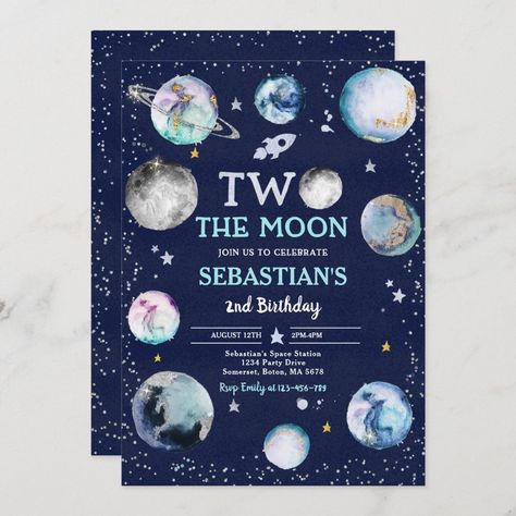 Boy 2nd Birthday, Two The Moon, Sixth Birthday, Space Birthday Invitation, First Trip Around The Sun, Outer Space Party, Outer Space Birthday, Moon Party, Space Birthday Party