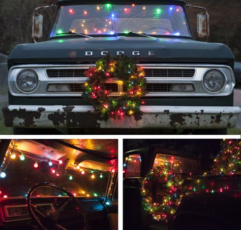 An old truck finds new purpose thanks to Christmas lights and decor. Christmas car decorating ideas are fun for any vehicle regardless of age or ability to run! Car Decorating Ideas, Car Decorating, Christmas Car Decorations, Christmas Parade Floats, Holiday Car, Happy Christmas Day, Old Truck, Christmas Place, Traditional Colonial