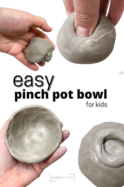 hand making different pinch pots Pinched Clay Pots, Thumb Pots Clay, Polymer Clay Pinch Pots, Easy Clay Bowls, Hand Clay Projects, Preschool Air Dry Clay Projects, Clay Pot Crafts For Kids, Pinch Pots Easy, Diy Pinch Pots