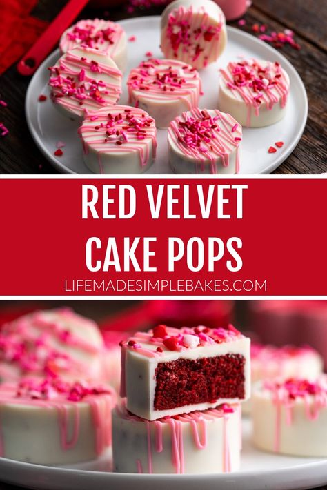 Classic red velvet cake coated in a decadent outer shell creates the perfect Red Velvet Cake Pops for any holiday or event! Best Cakepop Recipes, Christmas Cake Pucks, Pop Cakes Recipe, Christmas Cake Puck, Cake Pucks Ideas, Cake Puck Recipes, Red Velvet Cakepop Recipes, How To Make Red Velvet Cake Pops, Flat Cake Pops