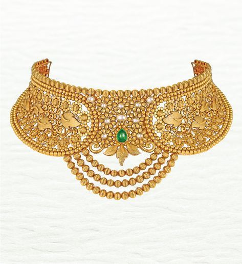 Azva modern handcrafted gold choker #Goldjewellery #luxury #style Minakari Jewellery, Choker Gold Necklace, Choker Necklace Online, Polki Choker, Gold Chokers, Gold Temple Jewellery, Kalamkari Painting, Gold Jewelry Outfits, Choker Necklace Designs