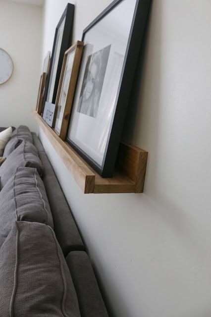 Build Picture Ledge, Diy Floating Ledge Shelves, Floating Shelf For Pictures, Ledge Picture Shelves, Simple Picture Ledge, Diy Wood Ledge Shelf, Picture Ledge Diy Floating Shelves, Wood Ledge Shelf, Shelf Above Bed With Pictures