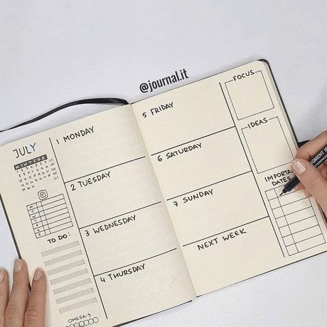 Bullet Journal Weekly Spread Ideas, Pinterest Planner, Weekly Spread Ideas, Bullet Journal Weekly Layout, Minimalist Bullet Journal, Bullet Journal Minimalist, Journal Weekly Spread, Bullet Journel, Kalender Design