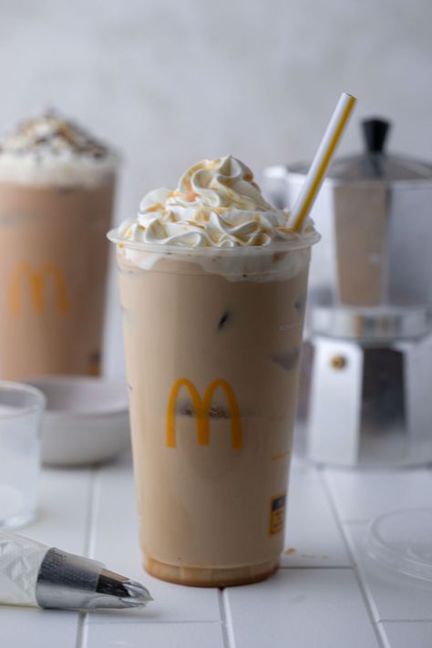 The Best Mcdonald's Caramel Iced Coffee Recipe - Simple Copycat Recipes Mcdonalds Caramel Frappe Recipe Copycat, Easy Blended Coffee Drinks, Mcdonald’s Caramel Ice Coffee, Frozen Iced Coffee Recipe, Dairy Free Iced Coffee Recipe, Ninja Iced Coffee, Biggby Coffee Copycat Recipes, Carmel Machiatto Iced Coffee, Mcdonalds Iced Coffee Recipe