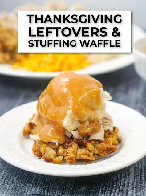 white plate with Thanksgiving Leftovers Waffle and text Keto Chaffle Stuffing Thanksgiving, Thanksgiving Waffle Stuffing, Stuffing Waffle Turkey Sandwich, Thanksgiving Day Lunch Ideas, Waffle Stuffing Recipe, Thanksgiving Leftover Waffles, Stuffing Waffles Thanksgiving, Stuffing Waffles Recipe, Thanksgiving Waffles