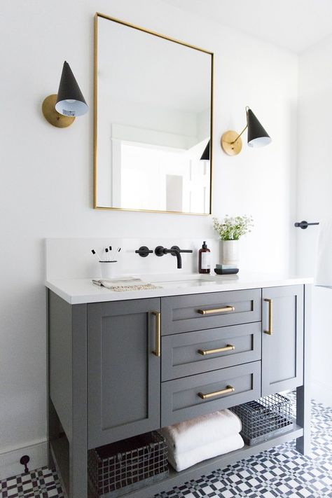 Tips for Bathroom Storage - Studio McGee Modern Traditional Bathroom, Gray Vanity, Mercer Island, Bad Inspiration, Steam Showers Bathroom, Bathroom Guest, Custom Vanity, Grey Cabinets, Studio Mcgee