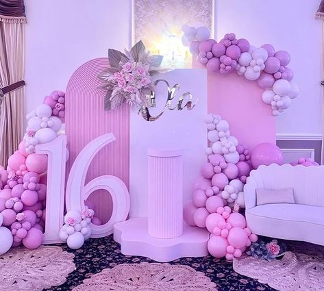 Sweet Sixteen Balloons Decorations, Sweet 16 Shades Of Pink, Pretty In Pink Sweet 16 Theme, Pink And White Sweet 16, Sweet 16 Backdrop Ideas, Sweet Sixteen Backdrop, Sweet 16 Decor, Sweet 13, Happy Sweet 16