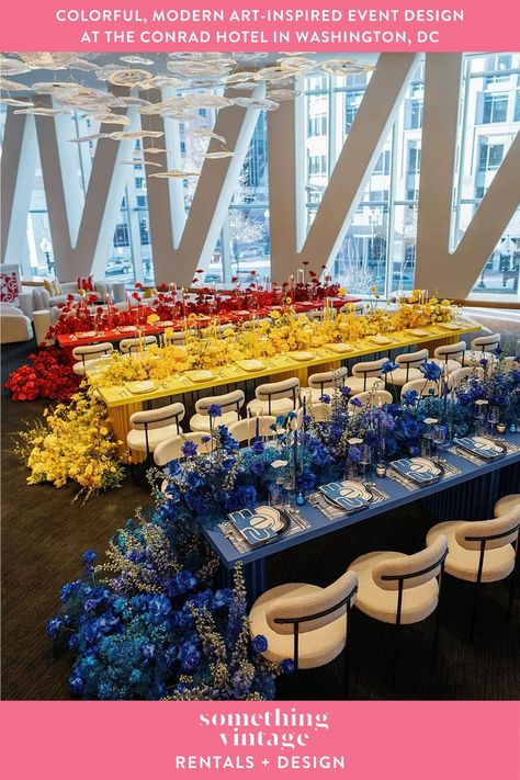 Bold monochromatic design, outfit ideas. What to wear blue, yellow & red party. Best vibrant wedding & event design ideas. Bold & colorful, modern-art inspired event decor. Match outfit to table decor. One color table design. Monochromatic place settings & table design. Something Vintage Rentals is the East Coast's premier event rental & decor company. Trend-setting furniture, backdrops, displays & decor to rent for weddings, corporate events & parties in DC, VA, MD, PA, DE, WV, NC, NY, NJ & RI. Monochromatic Party Theme, Monochromatic Event Decor, Colorful Event Decor, Monochromatic Tablescape, Corporate Event Backdrop, Event Design Ideas, Unique Event Decor, Monochromatic Wedding, Colorful Modern Art