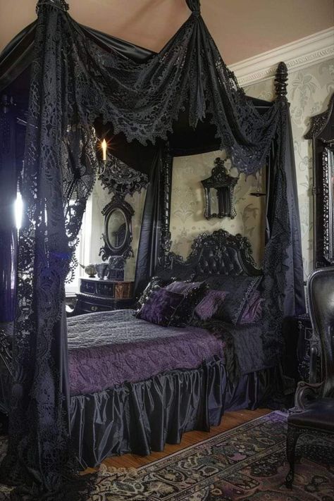 Goth Bedroom Ideas, Canopy Bed Ideas, Gothic Decor Bedroom, Goth Bedroom, Gothic Room, Gothic Bedroom, Dream Bedroom Inspiration, Dark Home Decor, Dream House Rooms