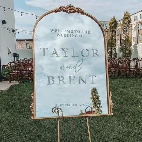 Gold Arch Mirror, Mirror Wedding Signs, Wedding Entrance Sign, Mirror Wedding, Wedding Mirror, Wedding Schedule, Mirror Sign, Wedding Entrance, Entrance Sign