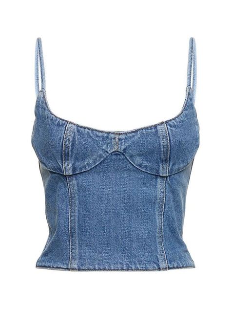 Find Magda Butrym Denim Sleeveless Corset Top on Editorialist. Fixed spaghetti straps. Back zip closure. Back elastic inserts. Model is wearing a size36 Sleeveless Corset Top, Double Denim Looks, Denim Corset Top, Denim Corset, Magda Butrym, Girl Fits, Shearling Jacket, Heeled Loafers