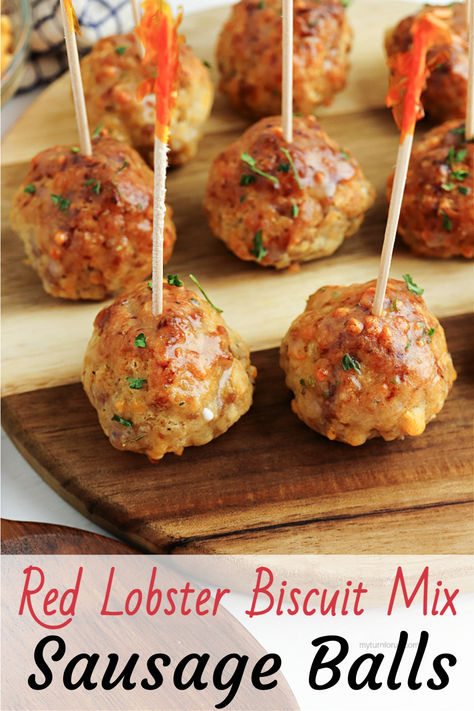 Use Red Lobster Biscuit Mix for the best sausage balls with this easy recipe. These cheddar bay sausage balls are basted with a seasoned butter. #RedLobsterBiscuitMixSausageBalls #RedLobsterSausageBalls #CheddarBaySausageBalls #myturnforus #SausageBallsWithRedLobsterMix Sausage Balls With Cranberry Dip, Easy Sausage Appetizers, Red Lobster Cheddar Bay Biscuits Sausage Ball, Red Lobster Mix Sausage Balls, Red Lobster Spicy Sausage Balls, Sausage Ball Charcuterie Board, Baked Sausage Balls, Red Lobster Cheddar Bay Biscuit Sausage Balls, Sausage Balls Using Red Lobster Biscuit