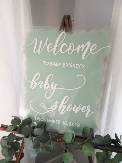 Personalized baby shower acrylic welcome sign with date, painted back with stand, custom baby sign, garden shower, baby sprinkle decor by PerryhillRustics on Etsy https://www.etsy.com/listing/738437764/personalized-baby-shower-acrylic-welcome Cricut Baby Shower, Sign Lettering, Bebe Shower, Green Baby Shower, Baby Shower Sign, Orange Baby, Baby Announcements, Shower Welcome Sign, Pumpkin Baby