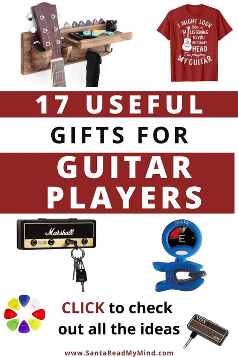 Got a guitar player on your Christmas list? CLICK to check out these 17 useful (and appreciated) gifts for guitar players. The list includes some guitar accessories, some handsome guitar hangers and even a funny shirt. Check them out today... these gifts for guitar lovers and players make great stocking stuffers too. #giftsforguitarplayers #giftsforguitarlovers #christmas #christmasgiftideas #guitar #giftsforboyfriend #giftsforgirlfriends #giftideas Christmas Gift Ideas For Guitar Players, Gifts For Musicians Diy, Gift Idea For Musician, Gifts For A Guitar Player, Guitar Accessories Gifts, Gifts For Music Lovers Men, Gift Ideas For Guitar Players, Gifts For Guitar Lovers, Music Gifts For Boyfriend